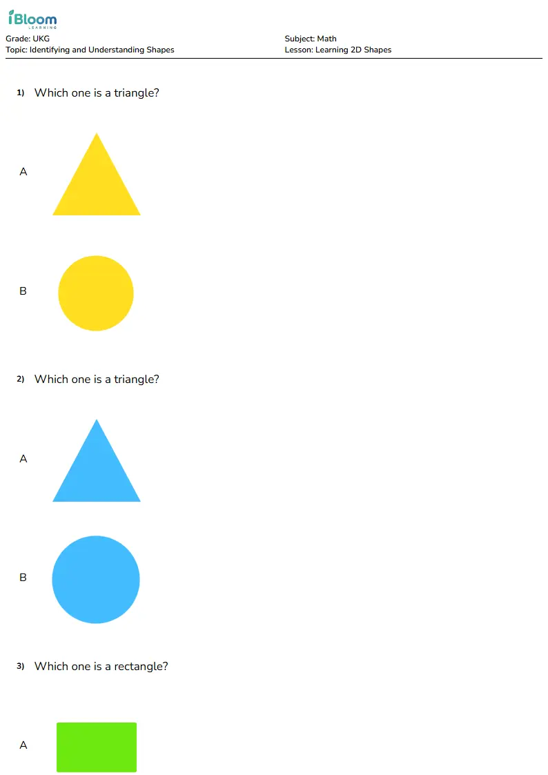 Free Learning 2D Shapes Worksheets for Ukg | iBloom