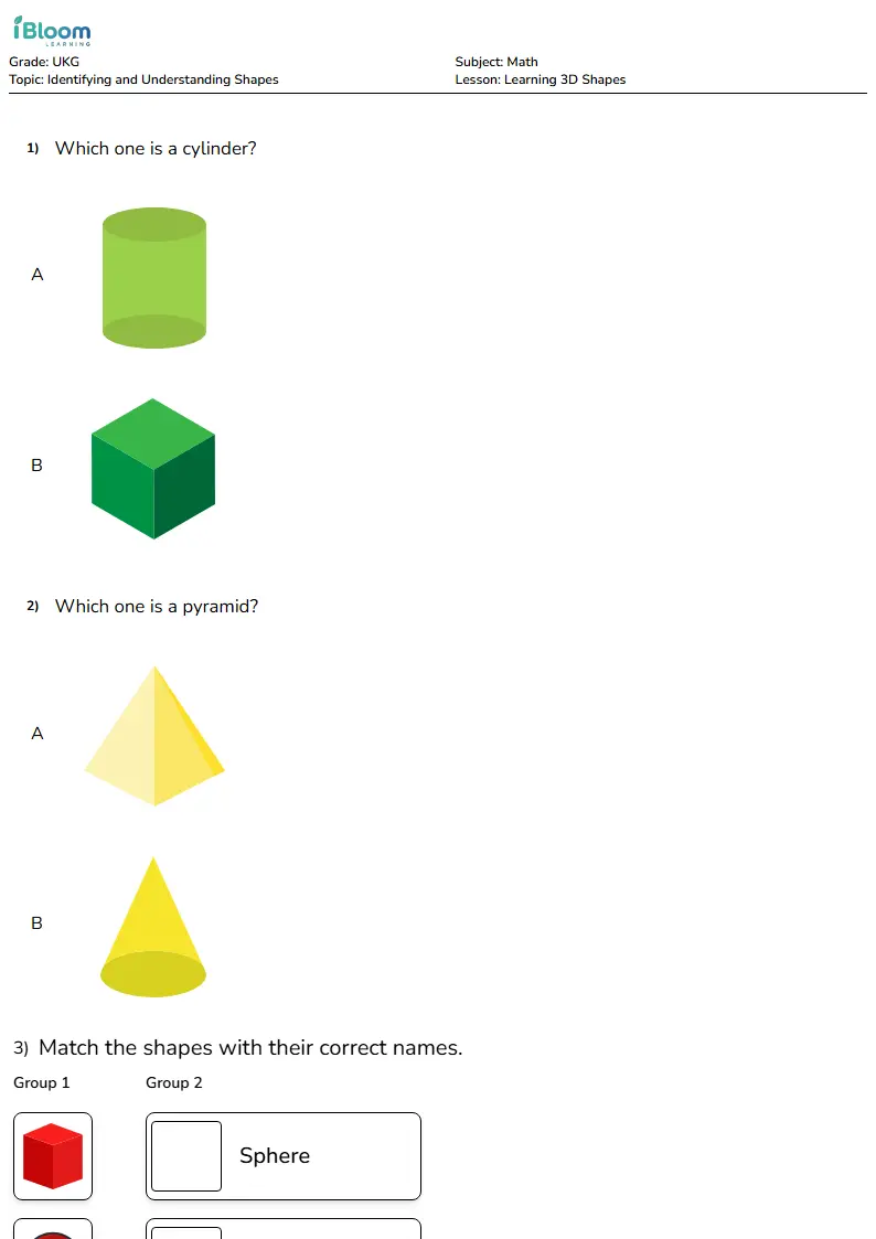 Learning 3D Shapes Worksheet for UKG