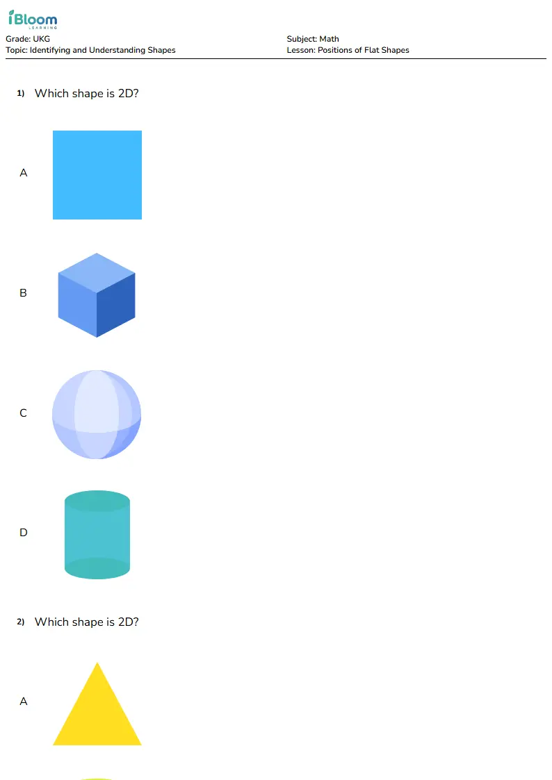 Free Positions of Flat Shapes Worksheets for Ukg | iBloom