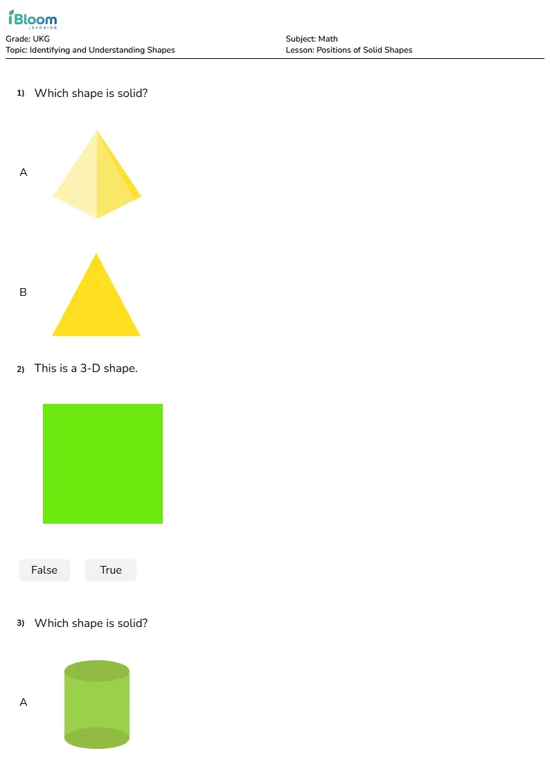 Free Positions of Solid Shapes Worksheets for Ukg | iBloom