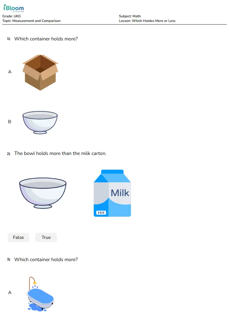 Free Which Holdes More or Less Worksheets for Ukg | iBloom