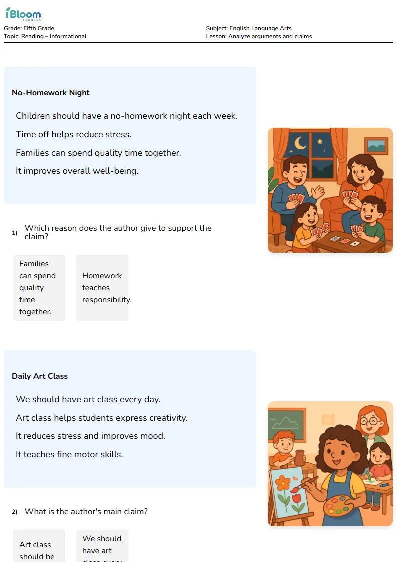 Free Analyze arguments and claims Worksheets for Grade 5