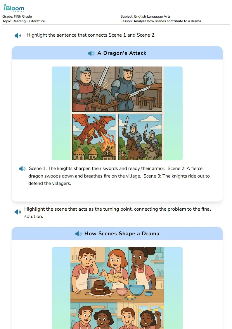 Free Analyze how scenes contribute to a drama Worksheets for Grade 5