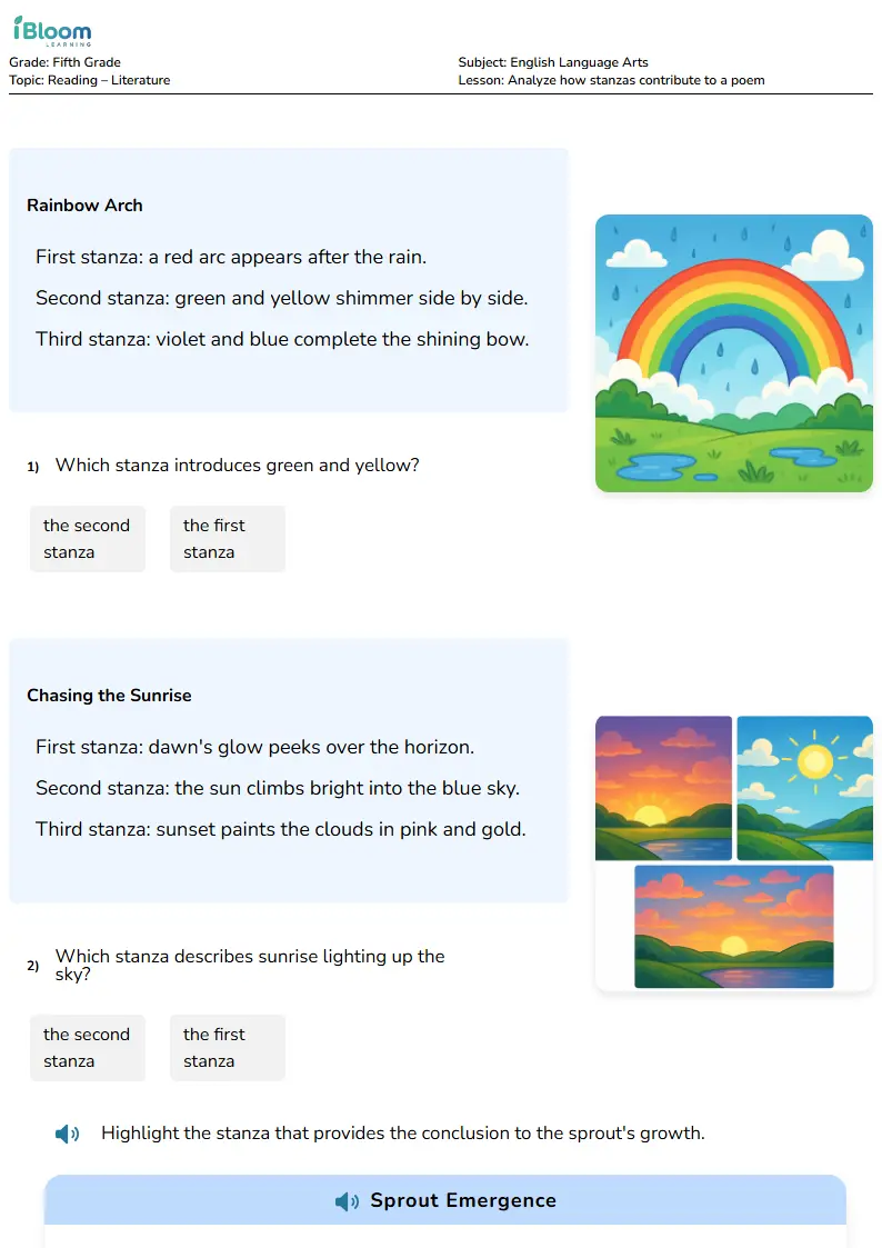 Free Analyze how stanzas contribute to a poem Worksheets for Grade 5