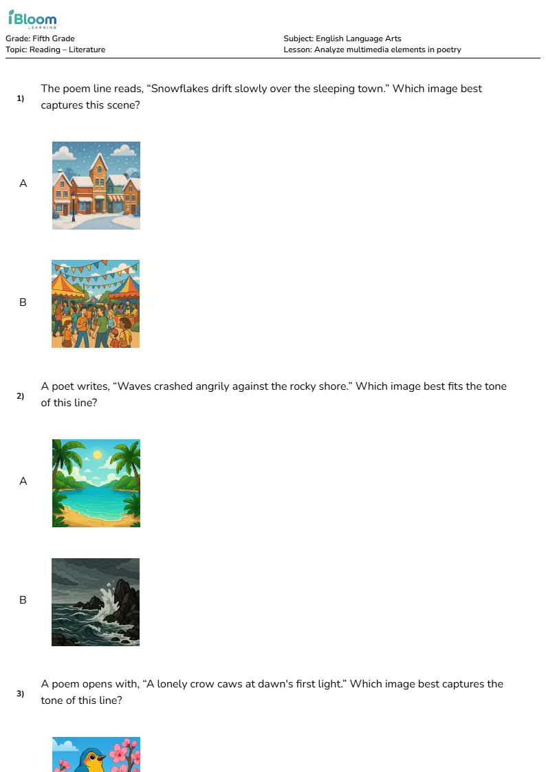 Free Analyze multimedia elements in poetry Worksheets for Grade 5