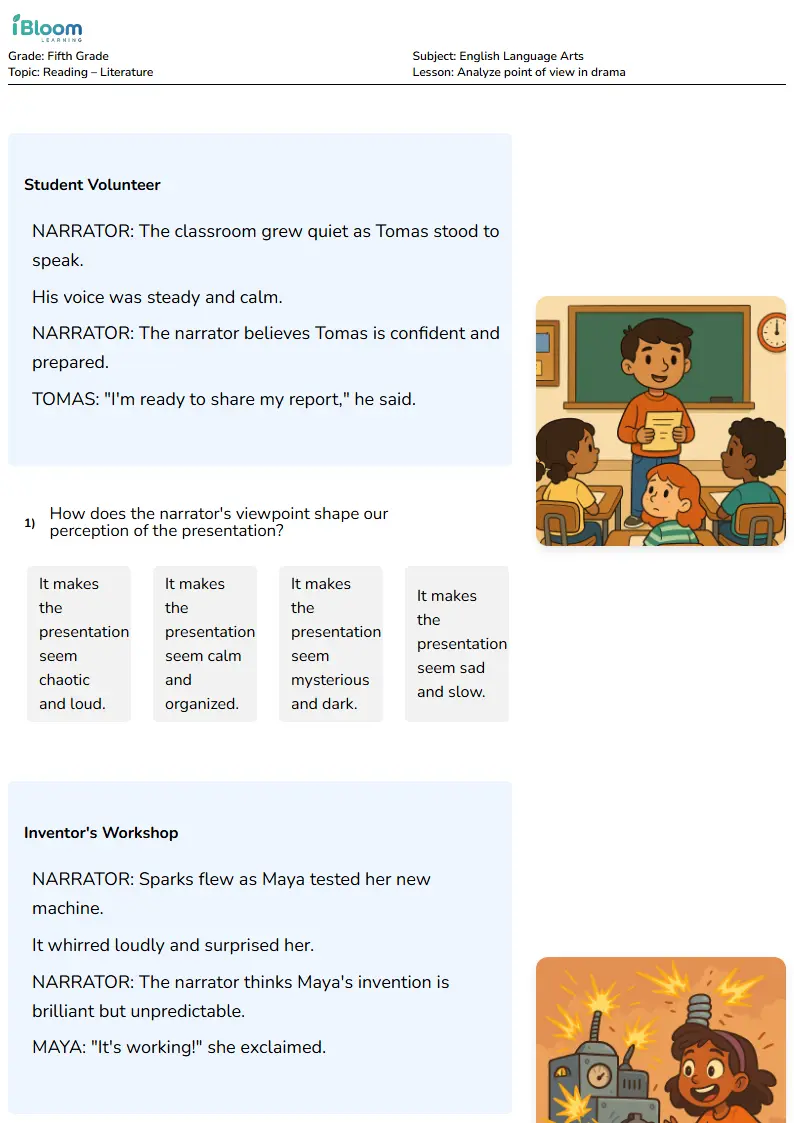Free Analyze point of view in drama Worksheets for Grade 5