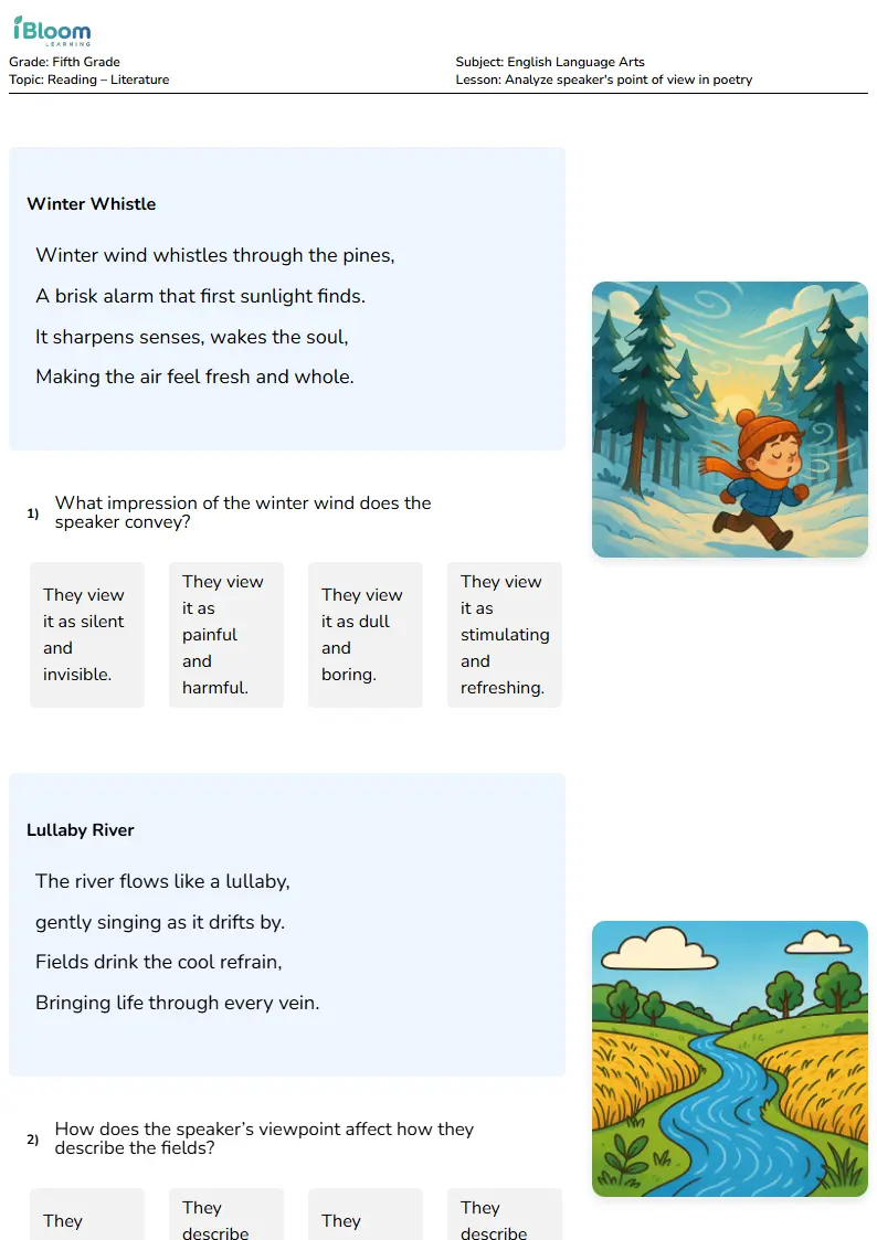 Free Analyze speaker's point of view in poetry Worksheets for Fifth Grade | iBloom