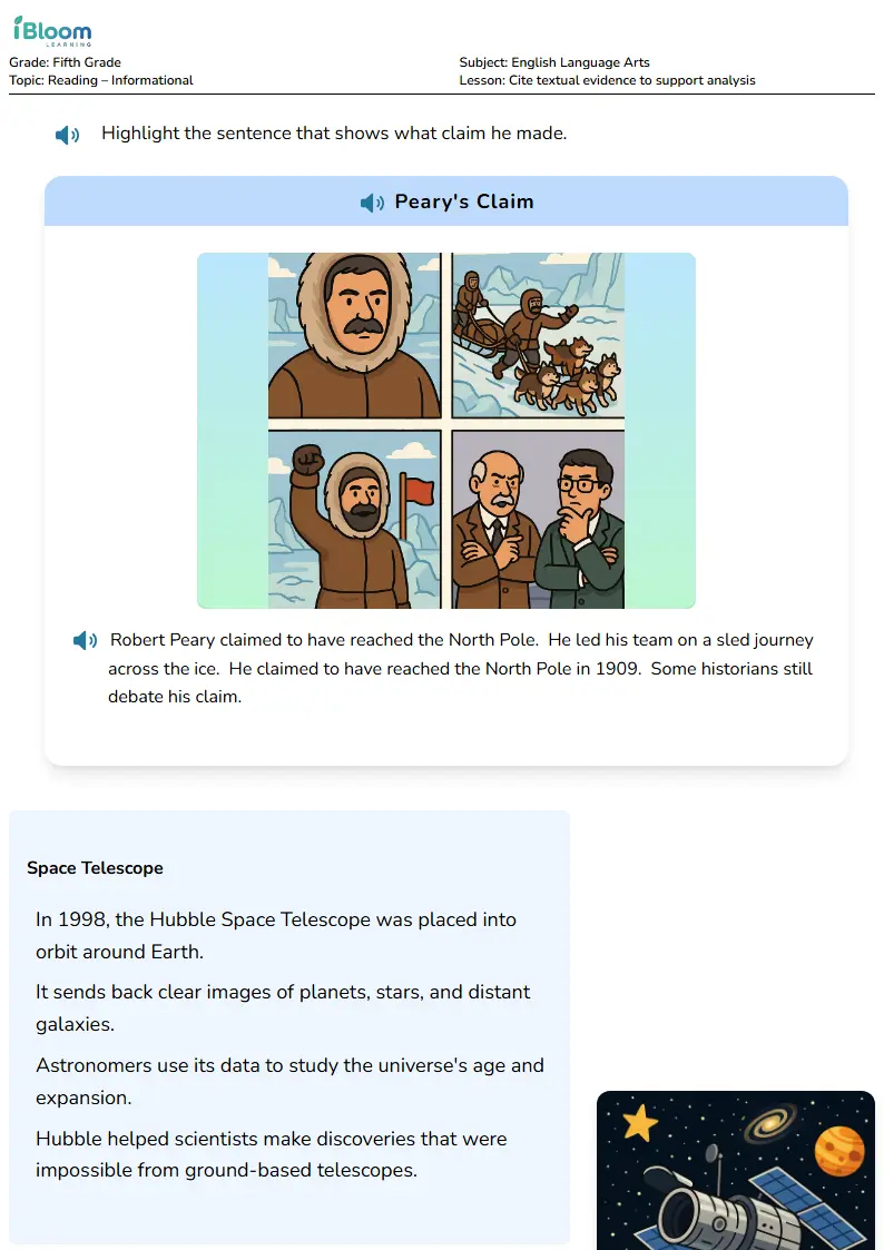 Free Cite textual evidence to support analysis Worksheets for Grade 5