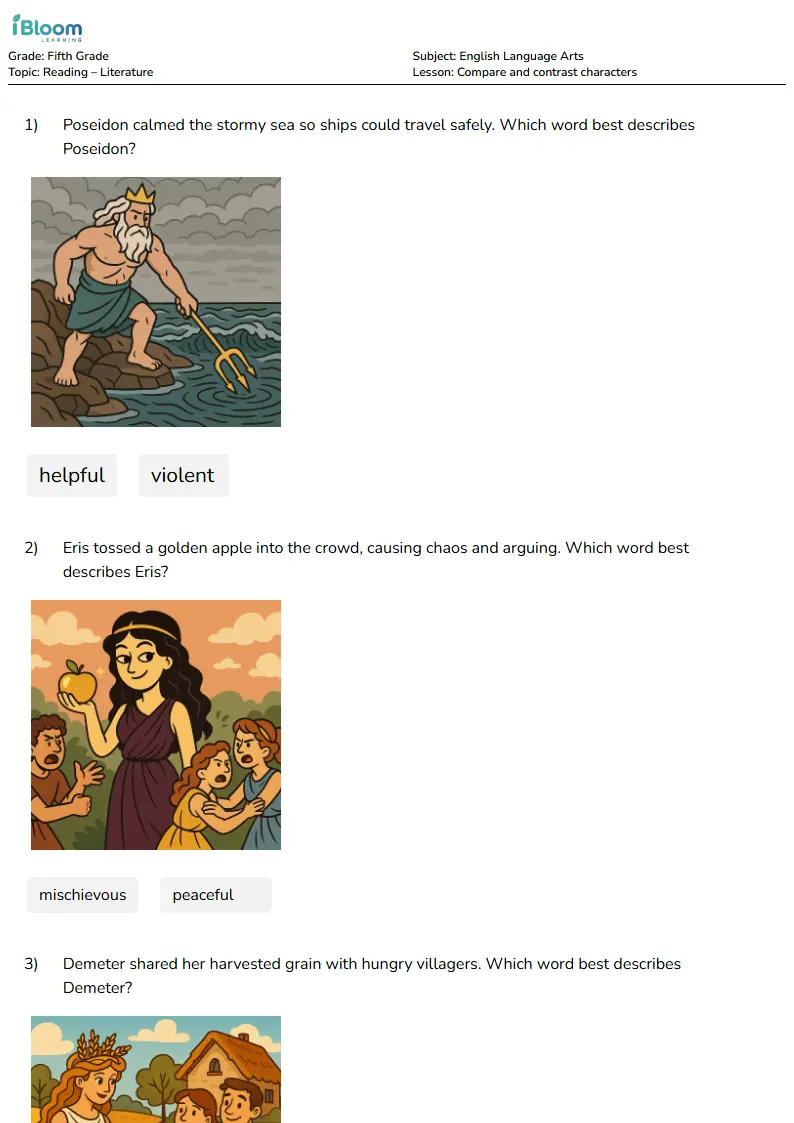 Free Compare and contrast characters Worksheets for Grade 5