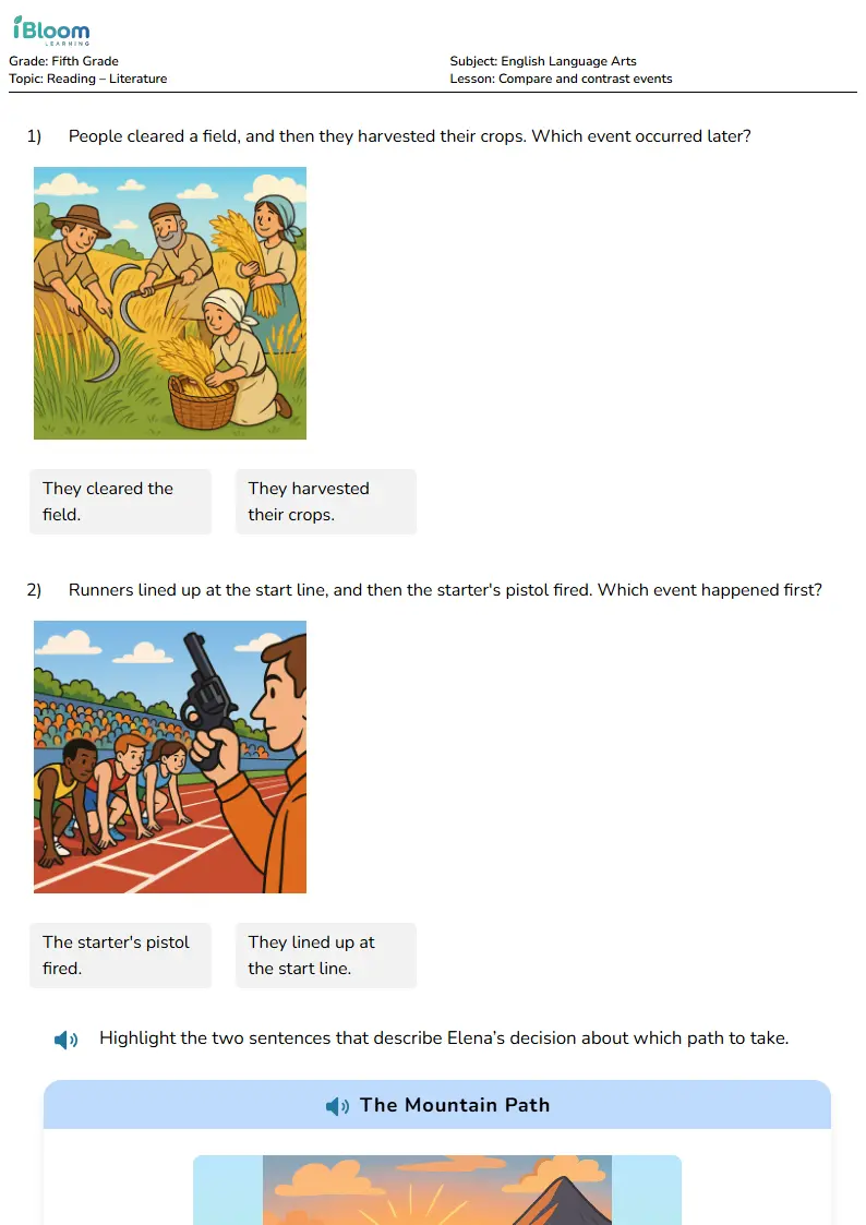 Free Compare and contrast events Worksheets for Grade 5