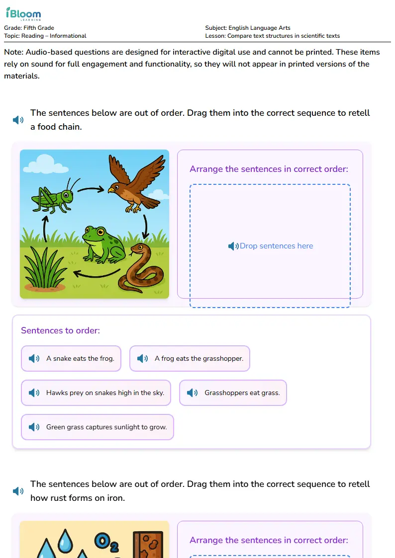 Free Compare text structures in scientific texts Worksheets for Grade 5