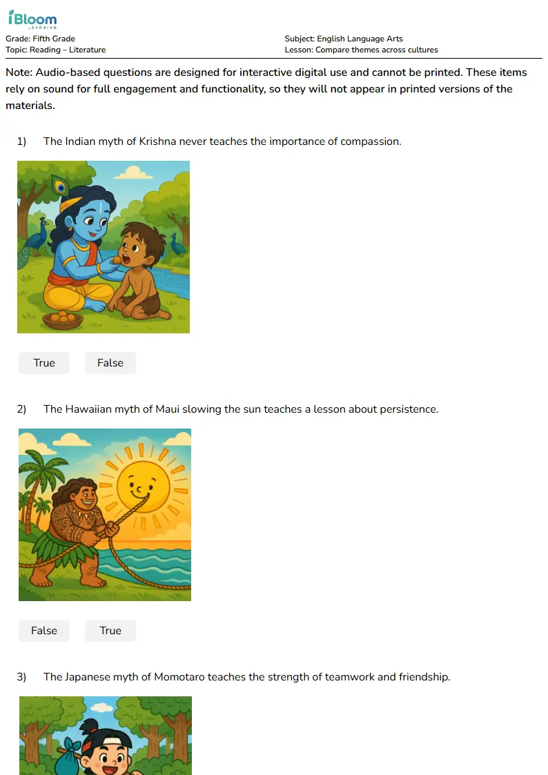 Free Compare themes across cultures Worksheets for Grade 5