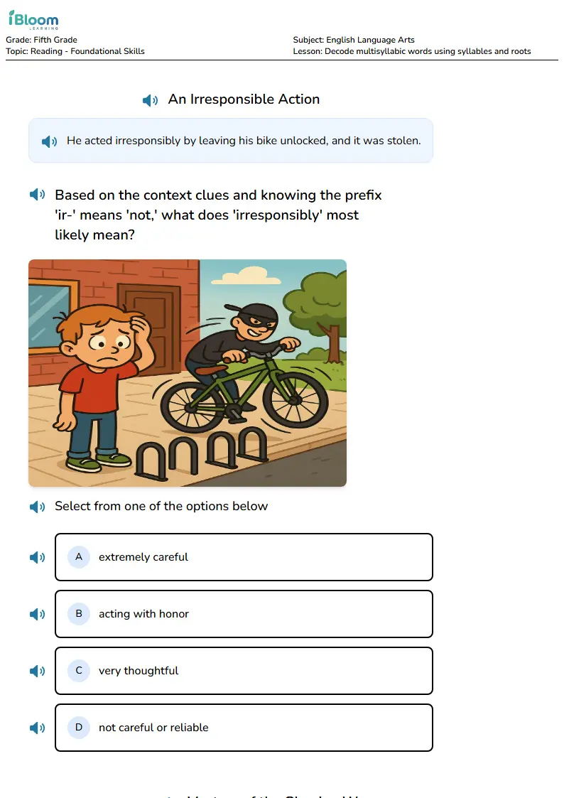 Free Decode multisyllabic words using syllables and roots Worksheets for Grade 5