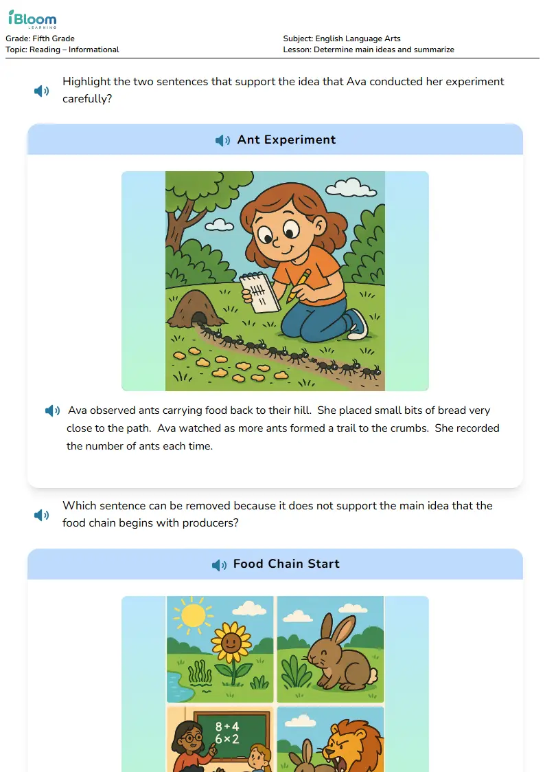 Free Determine main ideas and summarize Worksheets for Grade 5