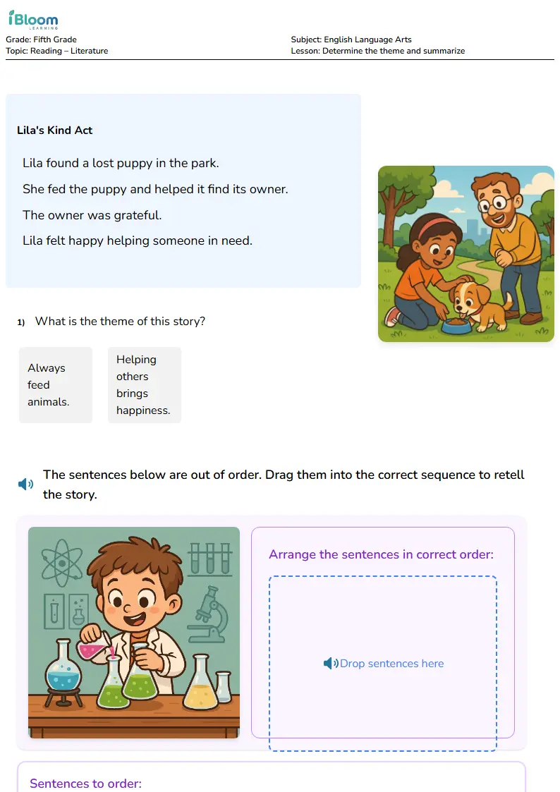 Free Determine the theme and summarize Worksheets for Fifth Grade | iBloom