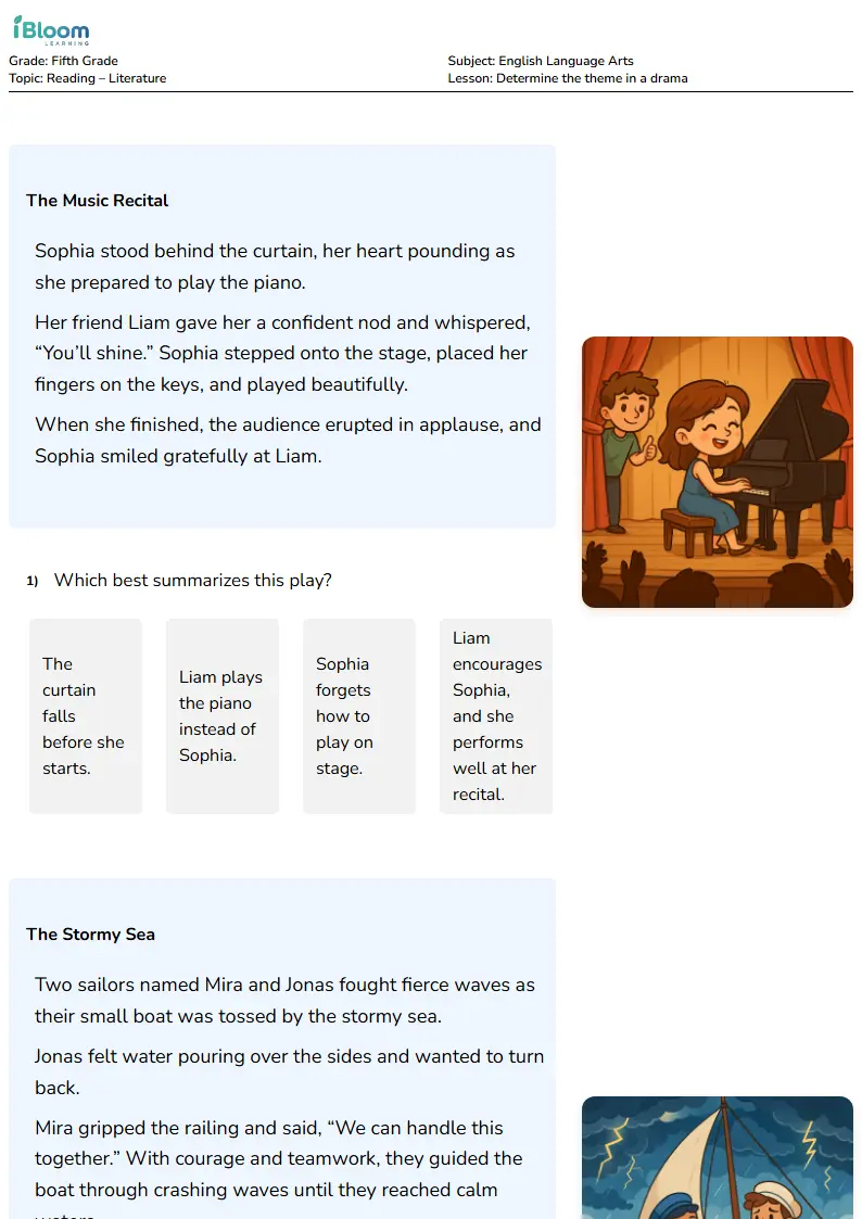 Free Determine the theme in a drama Worksheets for Fifth Grade | iBloom