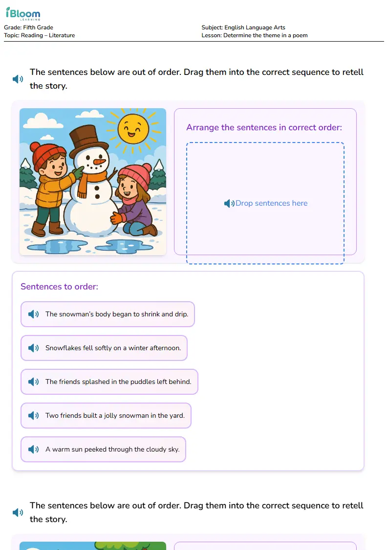 Free Determine the theme in a poem Worksheets for Fifth Grade | iBloom
