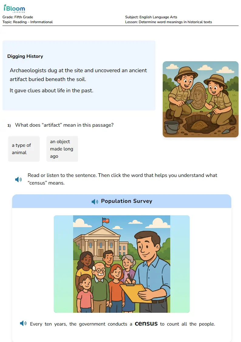 Free Determine word meanings in historical texts Worksheets for Fifth Grade | iBloom