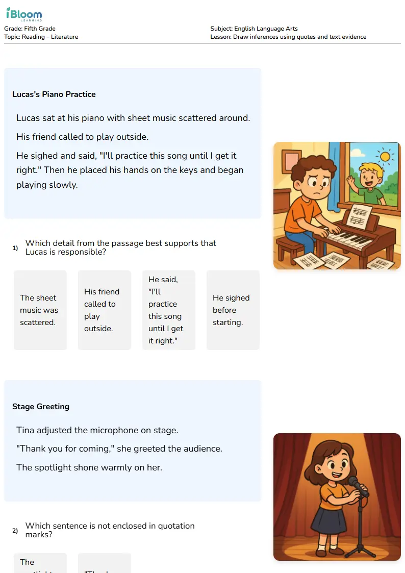 Free Draw inferences using quotes and text evidence Worksheets for Fifth Grade | iBloom