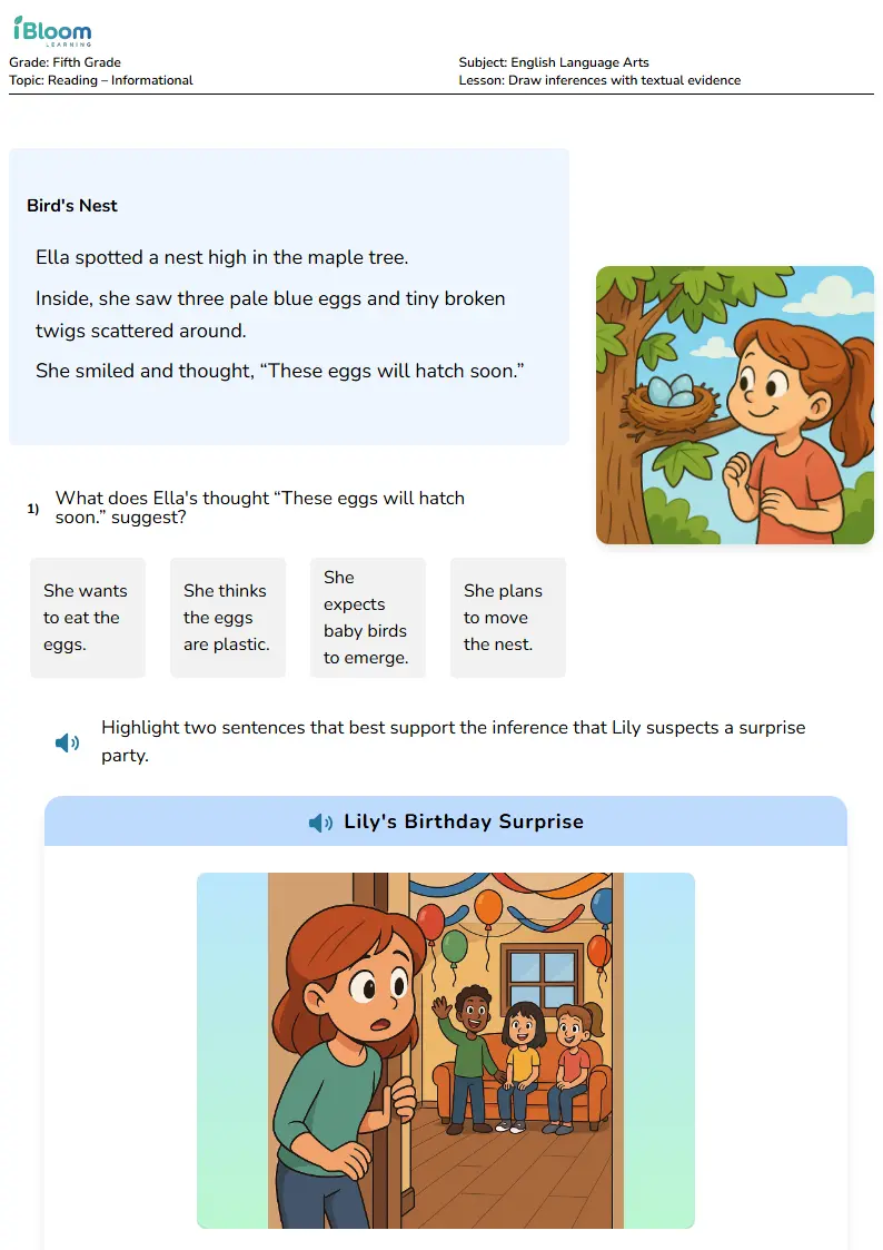 Free Draw inferences with textual evidence Worksheets for Fifth Grade | iBloom