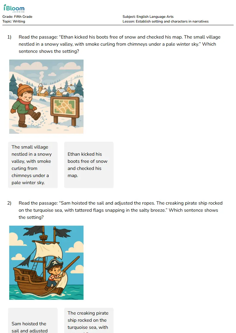 Free Establish setting and characters in narratives Worksheets for Fifth Grade | iBloom