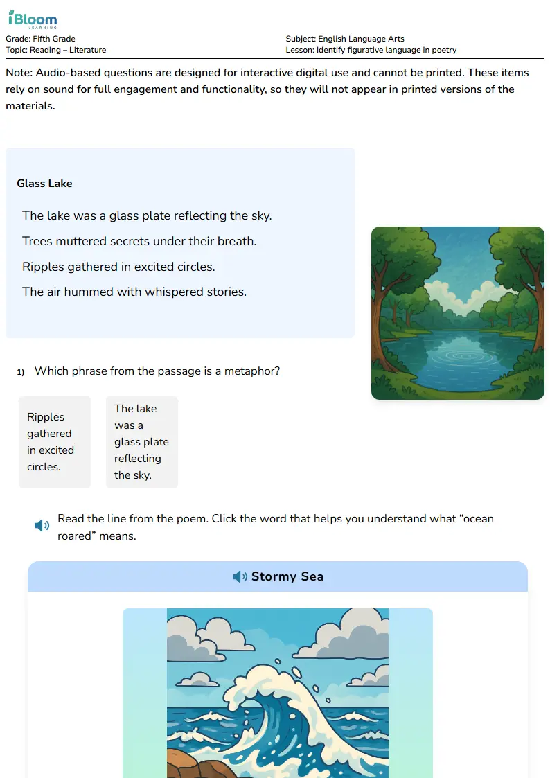 Free Identify figurative language in poetry Worksheets for Fifth Grade | iBloom