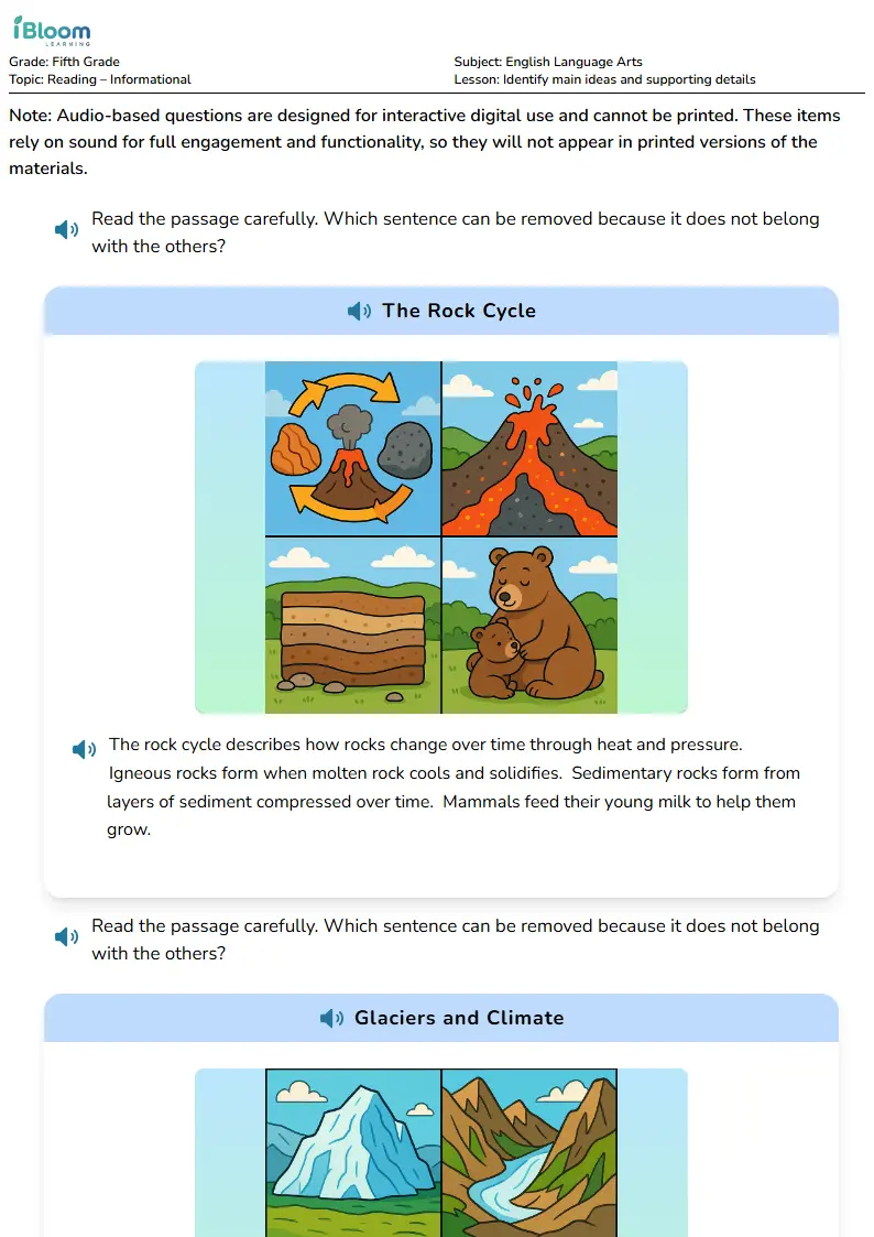 Free Identify main ideas and supporting details Worksheets for Fifth Grade | iBloom