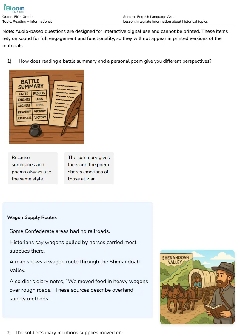 Free Integrate information about historical topics Worksheets for Fifth Grade | iBloom