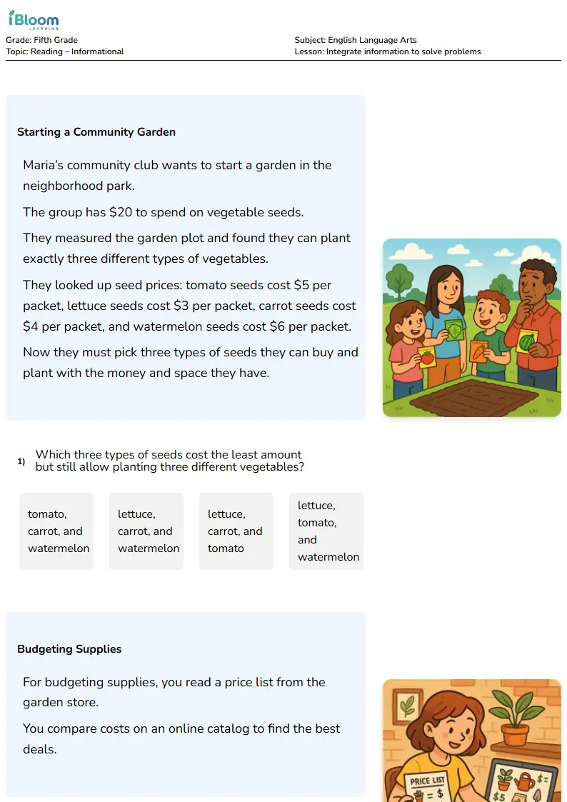 Free Integrate information to solve problems Worksheets for Fifth Grade | iBloom