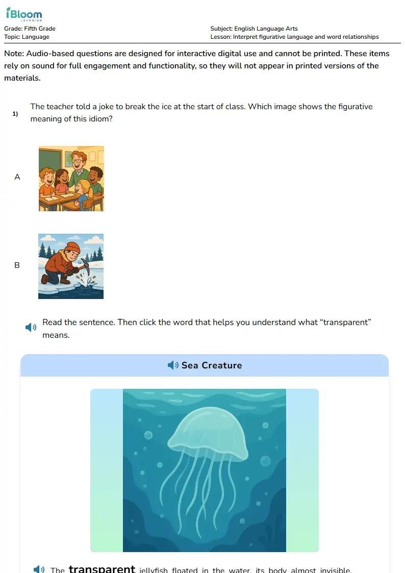 Free Interpret figurative language and word relationships Worksheets for Fifth Grade | iBloom