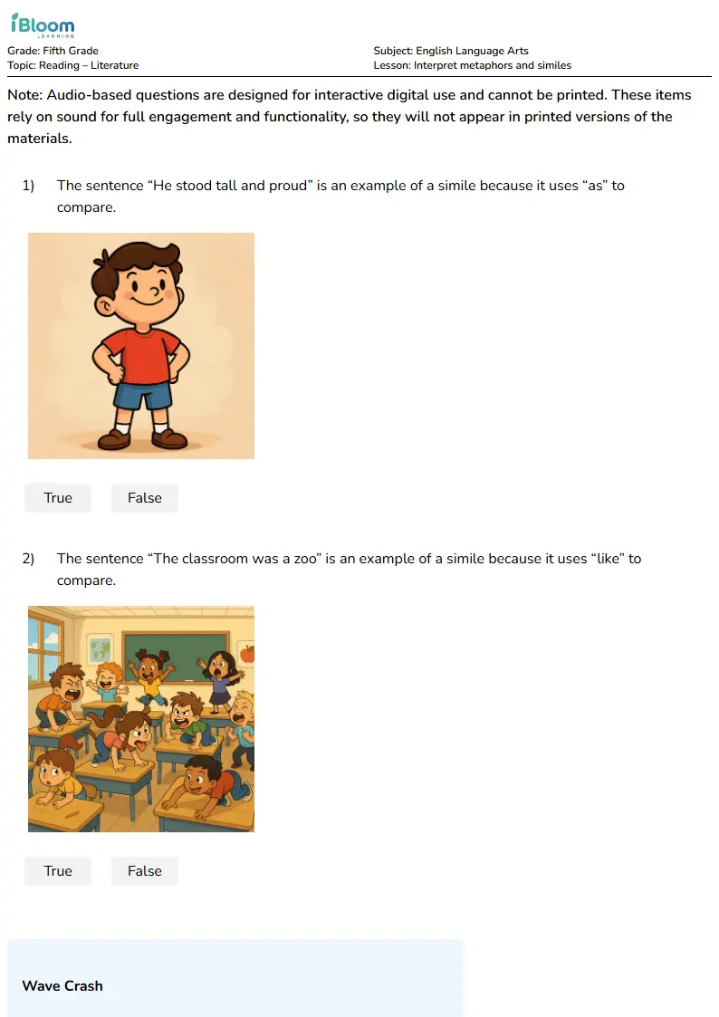 Free Interpret metaphors and similes Worksheets for Fifth Grade | iBloom