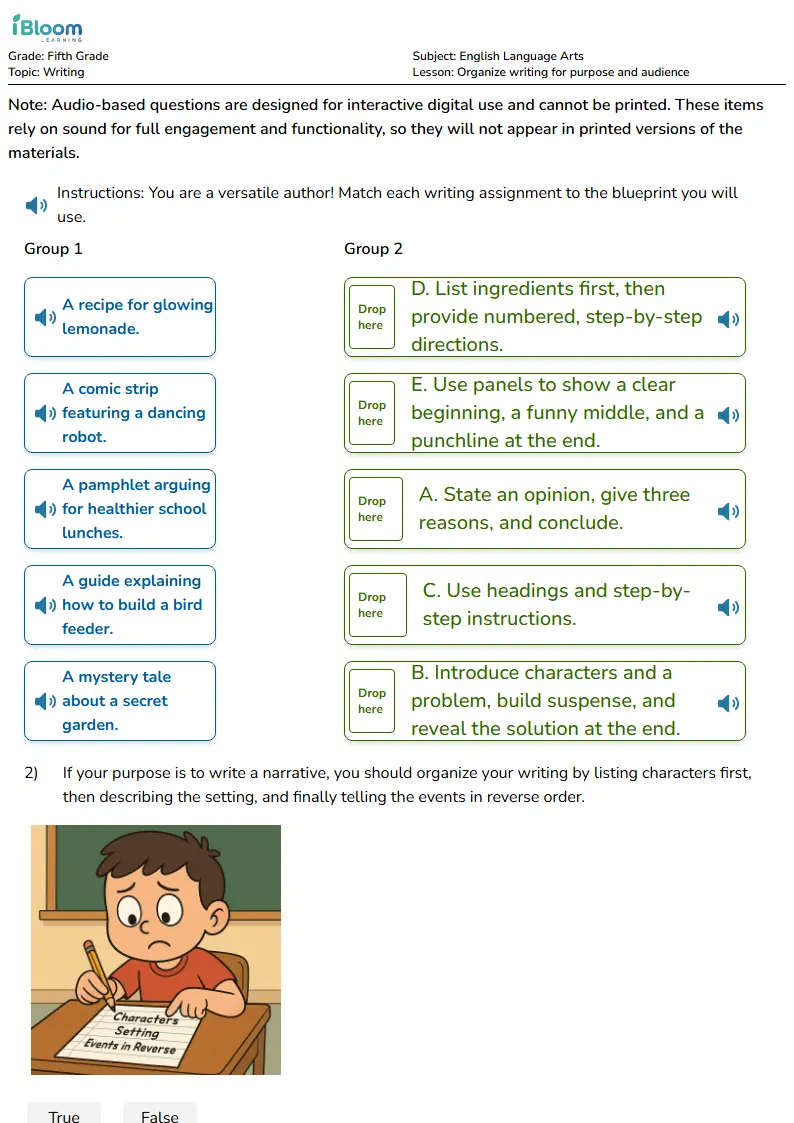 Free Organize writing for purpose and audience Worksheets for Fifth Grade | iBloom