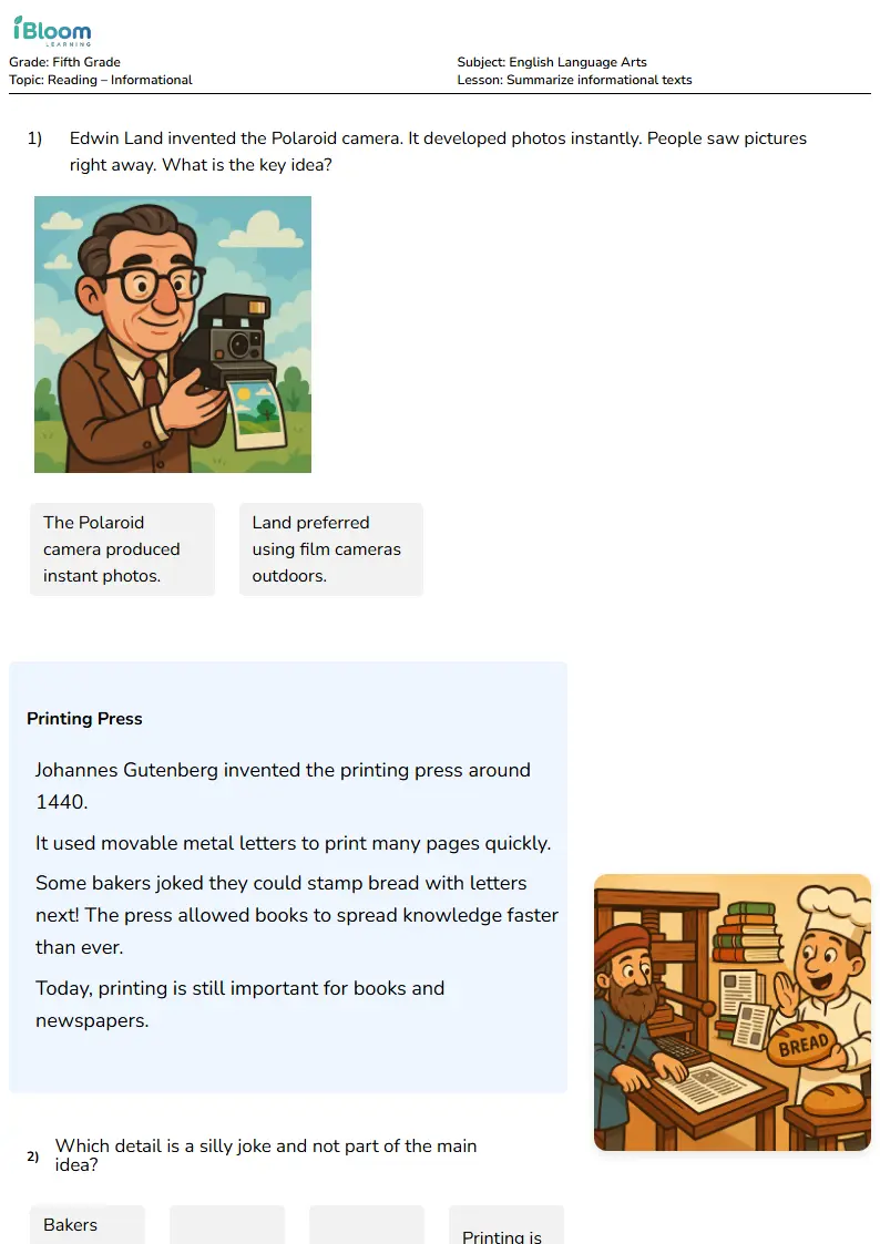 Free Summarize informational texts Worksheets for Fifth Grade | iBloom