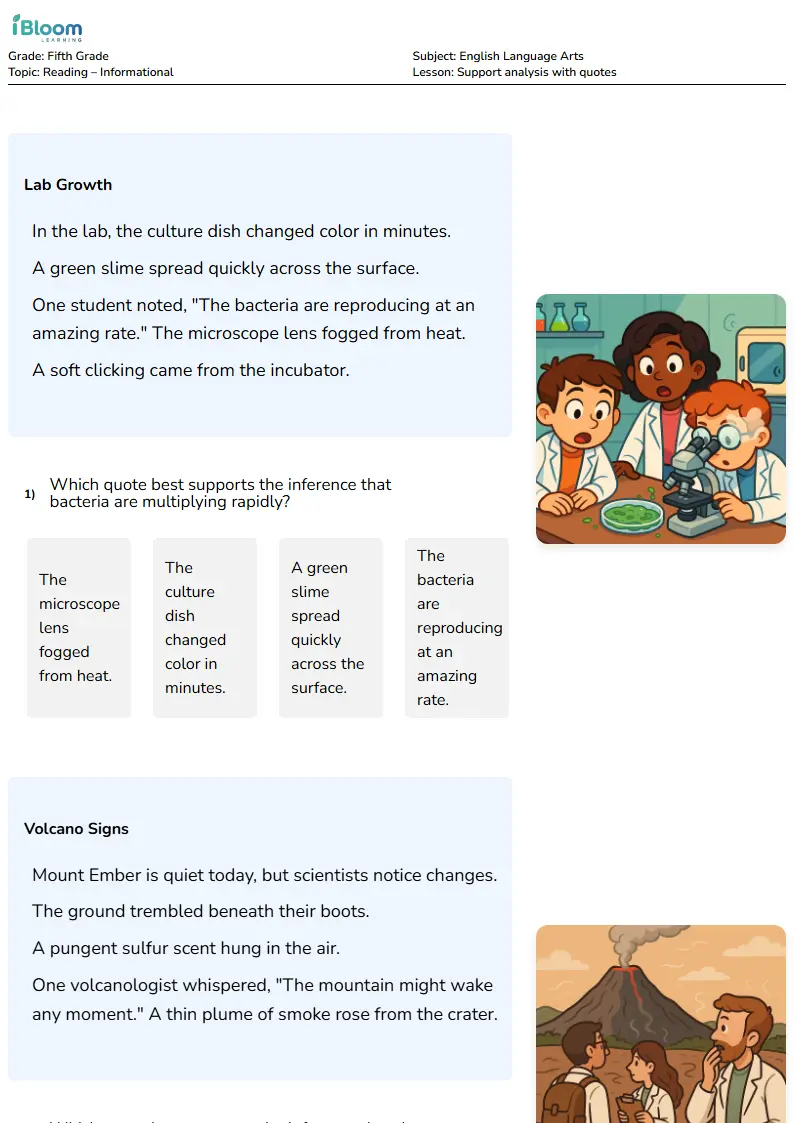 Free Support analysis with quotes Worksheets for Fifth Grade | iBloom