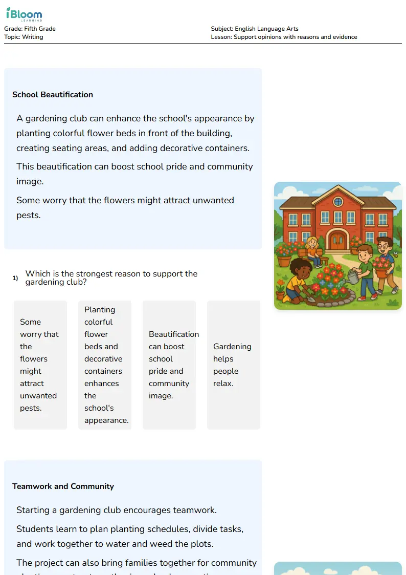 Free Support opinions with reasons and evidence Worksheets for Fifth Grade | iBloom