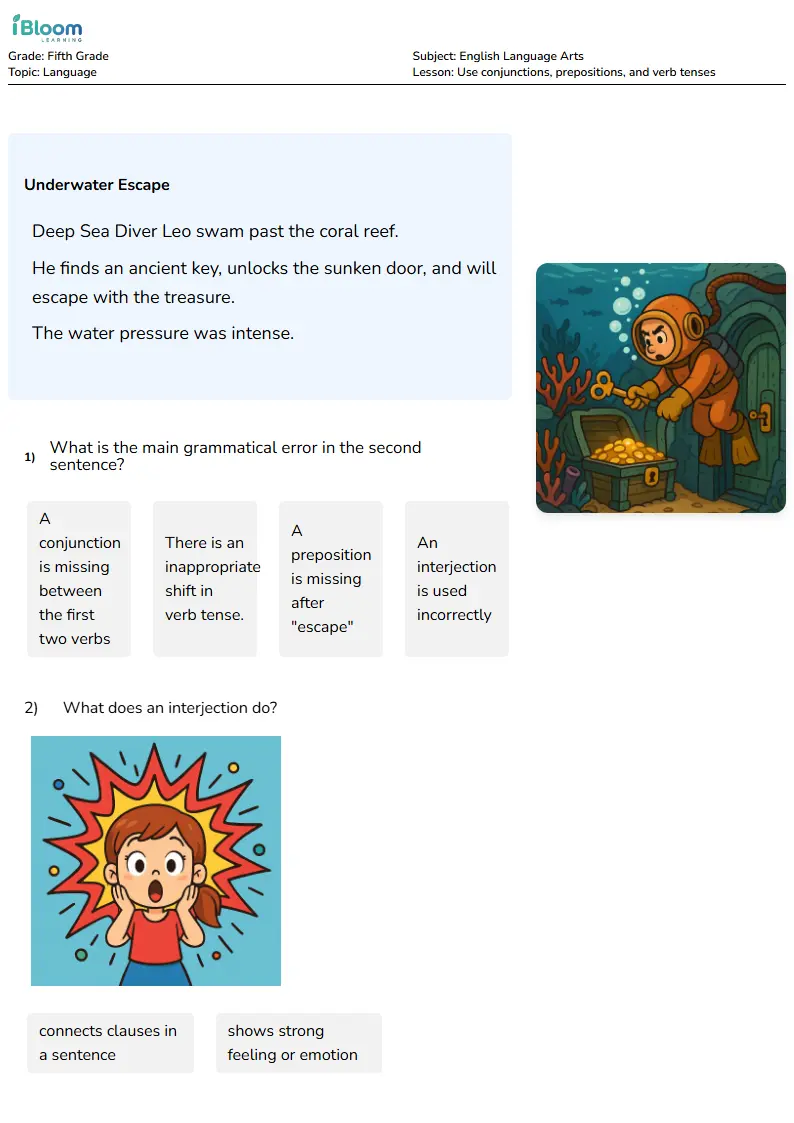 Free Use conjunctions, prepositions, and verb tenses Worksheets for Fifth Grade | iBloom