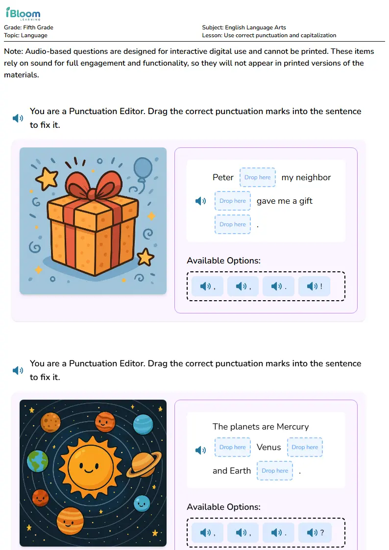 Free Use correct punctuation and capitalization Worksheets for Fifth Grade | iBloom