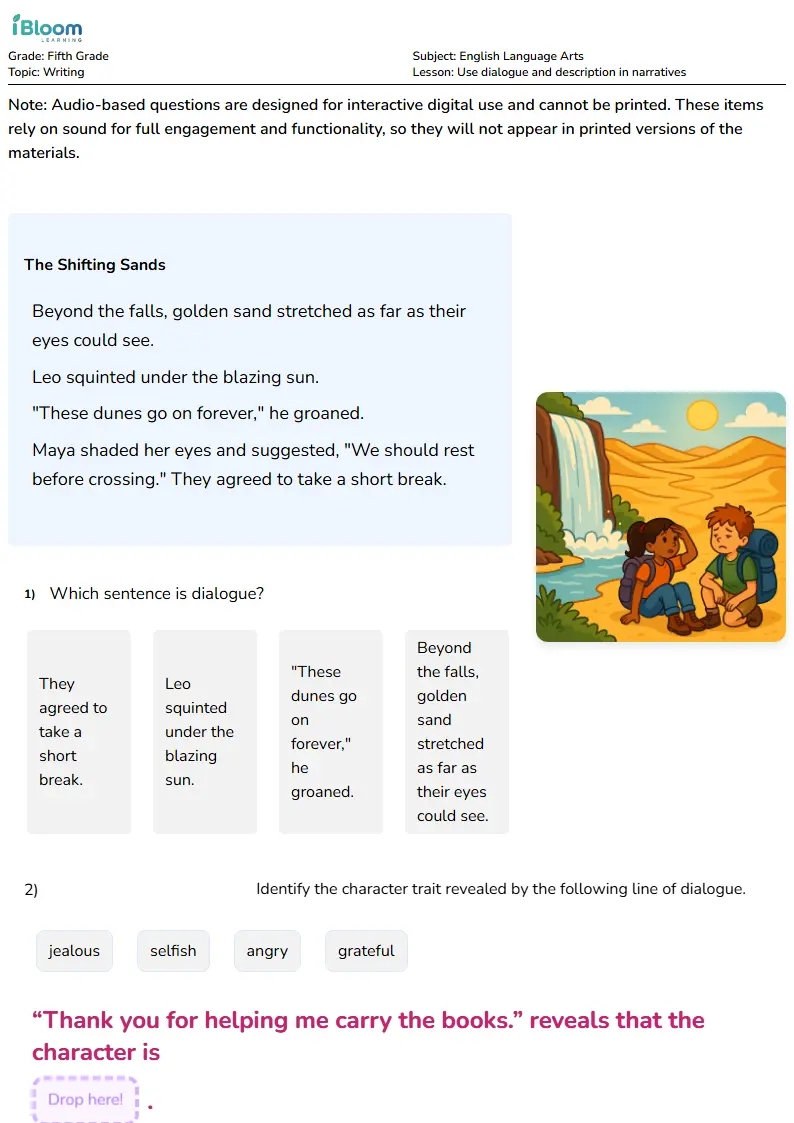 Free Use dialogue and description in narratives Worksheets for Fifth Grade | iBloom
