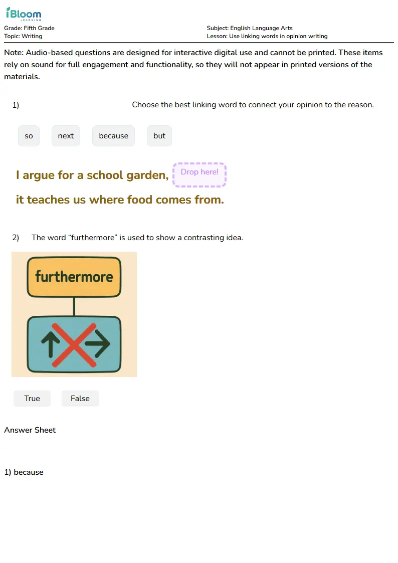 Free Use linking words in opinion writing Worksheets for Fifth Grade | iBloom