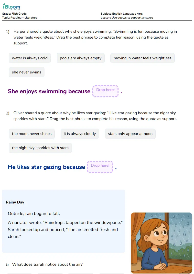 Free Use quotes to support answers Worksheets for Fifth Grade | iBloom