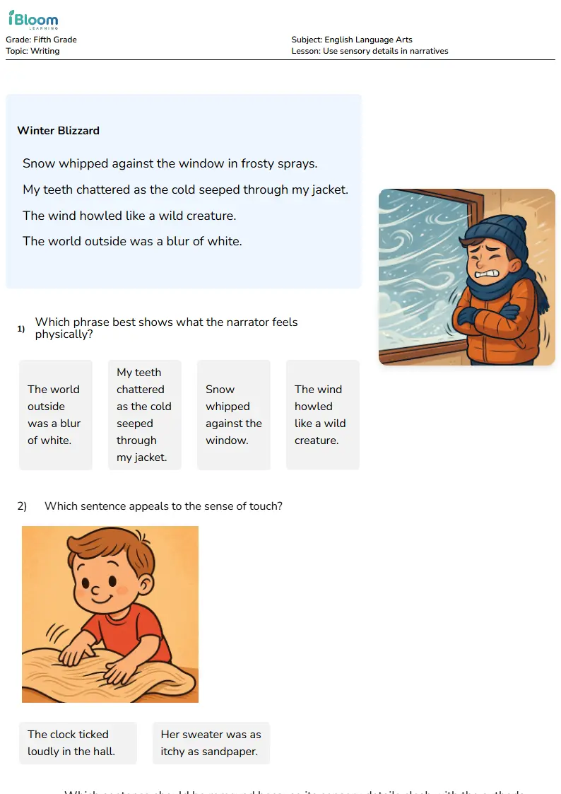 Free Use sensory details in narratives Worksheets for Fifth Grade | iBloom