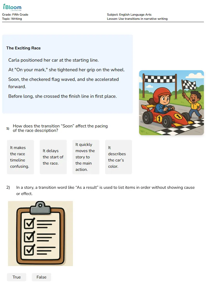 Free Use transitions in narrative writing Worksheets for Fifth Grade | iBloom