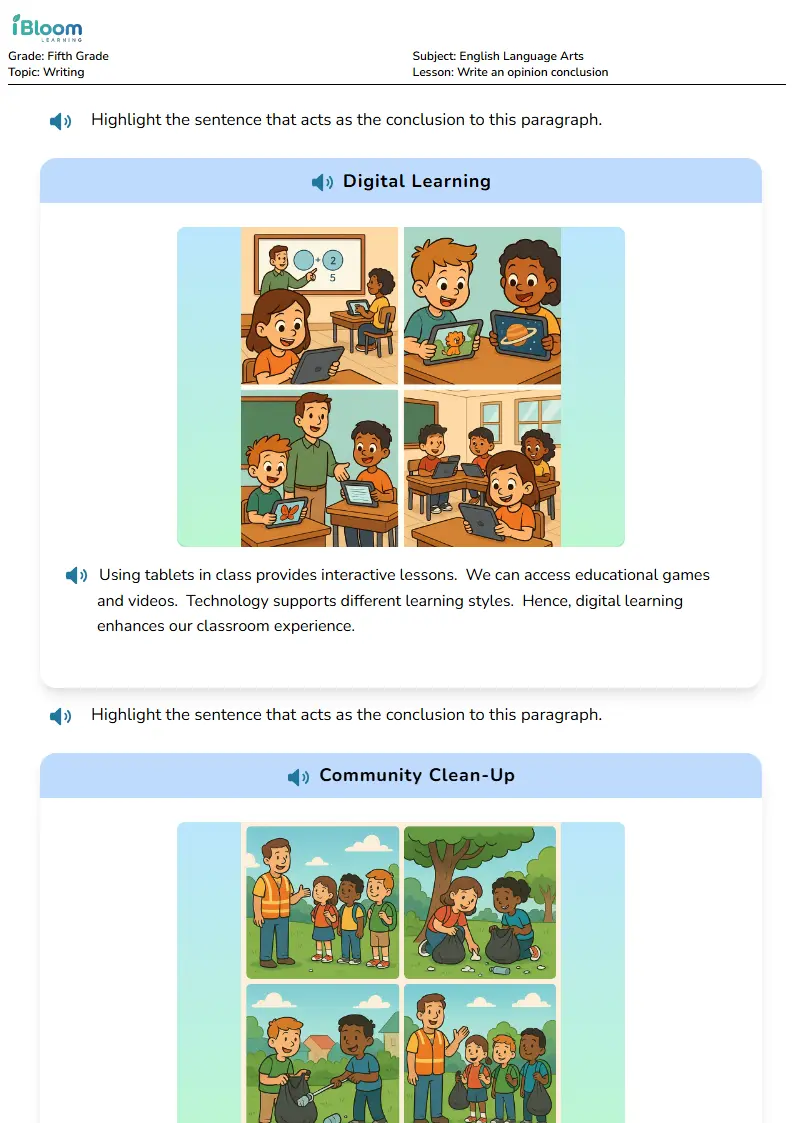 Free Write an opinion conclusion Worksheets for Fifth Grade | iBloom