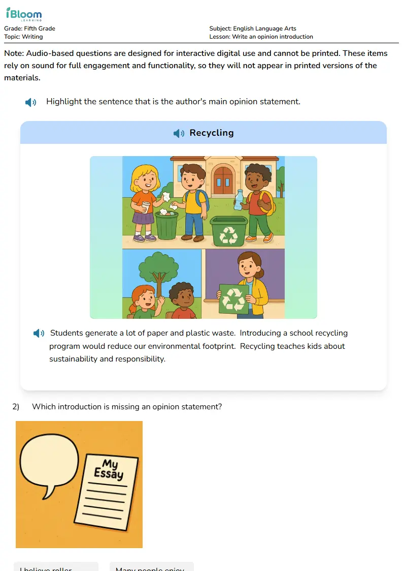 Free Write an opinion introduction Worksheets for Fifth Grade | iBloom