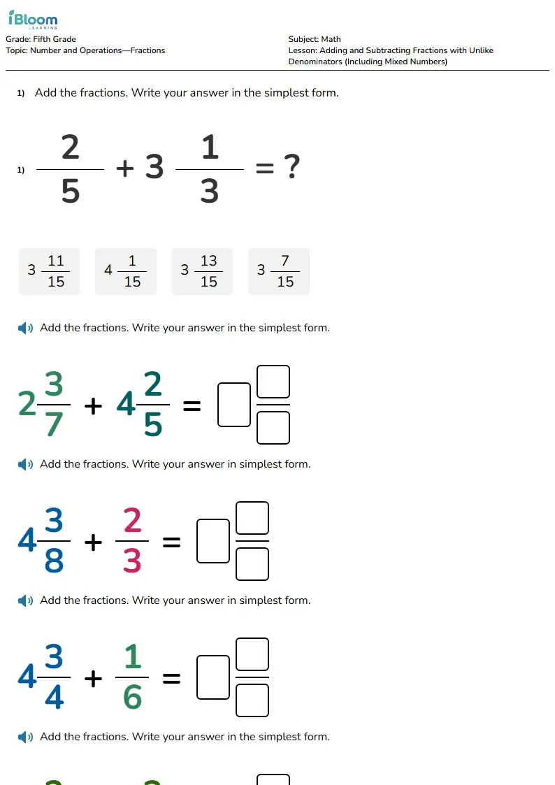Free Adding and Subtracting Fractions with Unlike Denominators (Including Mixed Numbers) Worksheets for Grade 5