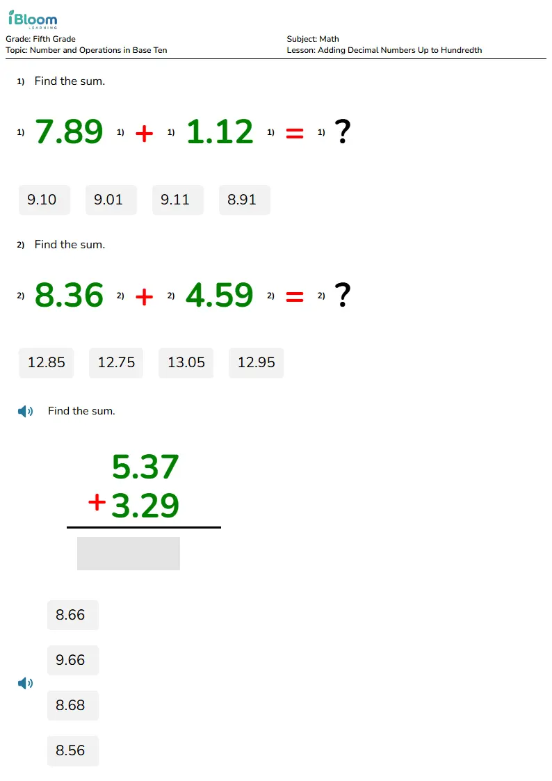 Free Adding Decimal Numbers Up to Hundredth Worksheets for Grade 5