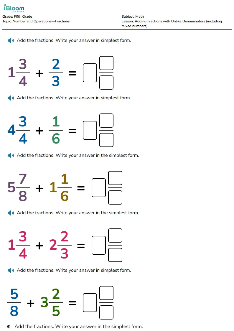 Free Adding Fractions with Unlike Denominators (including mixed numbers) Worksheets for Grade 5