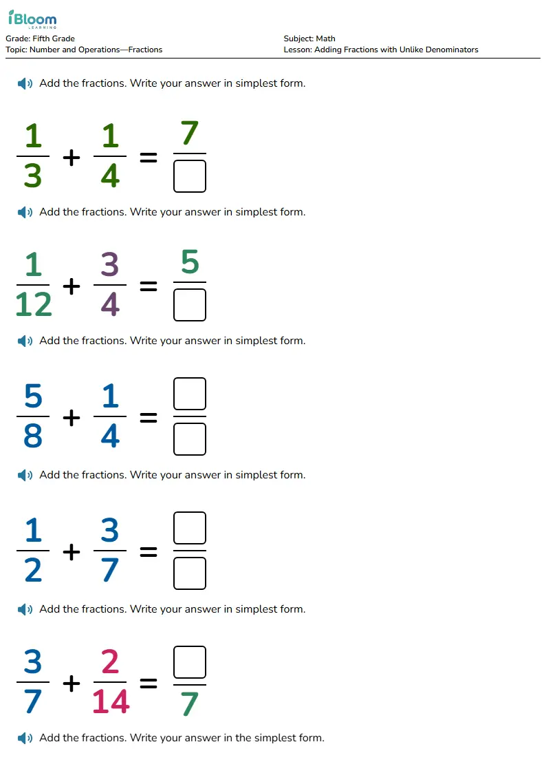 Free Adding Fractions with Unlike Denominators Worksheets for Grade 5