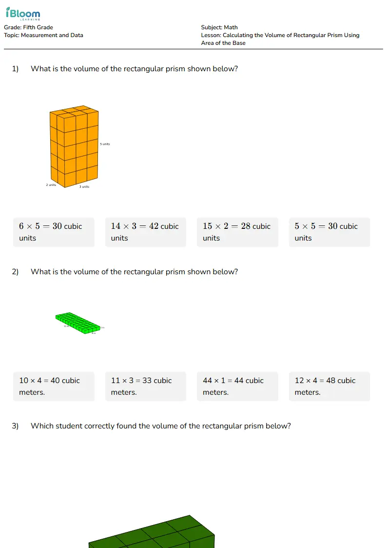 Free Calculating the Volume of Rectangular Prism Using Area of the Base Worksheets for Grade 5