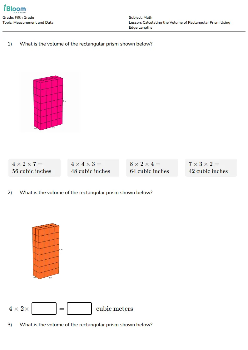 Free Calculating the Volume of Rectangular Prism Using Edge Lengths Worksheets for Grade 5